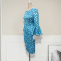 Ladies Blue Bodycon Elegant Dress with White Print Polka Dot Midi Flare Sleeve Lace Round Neck 2020 Spring Summer Office Dress